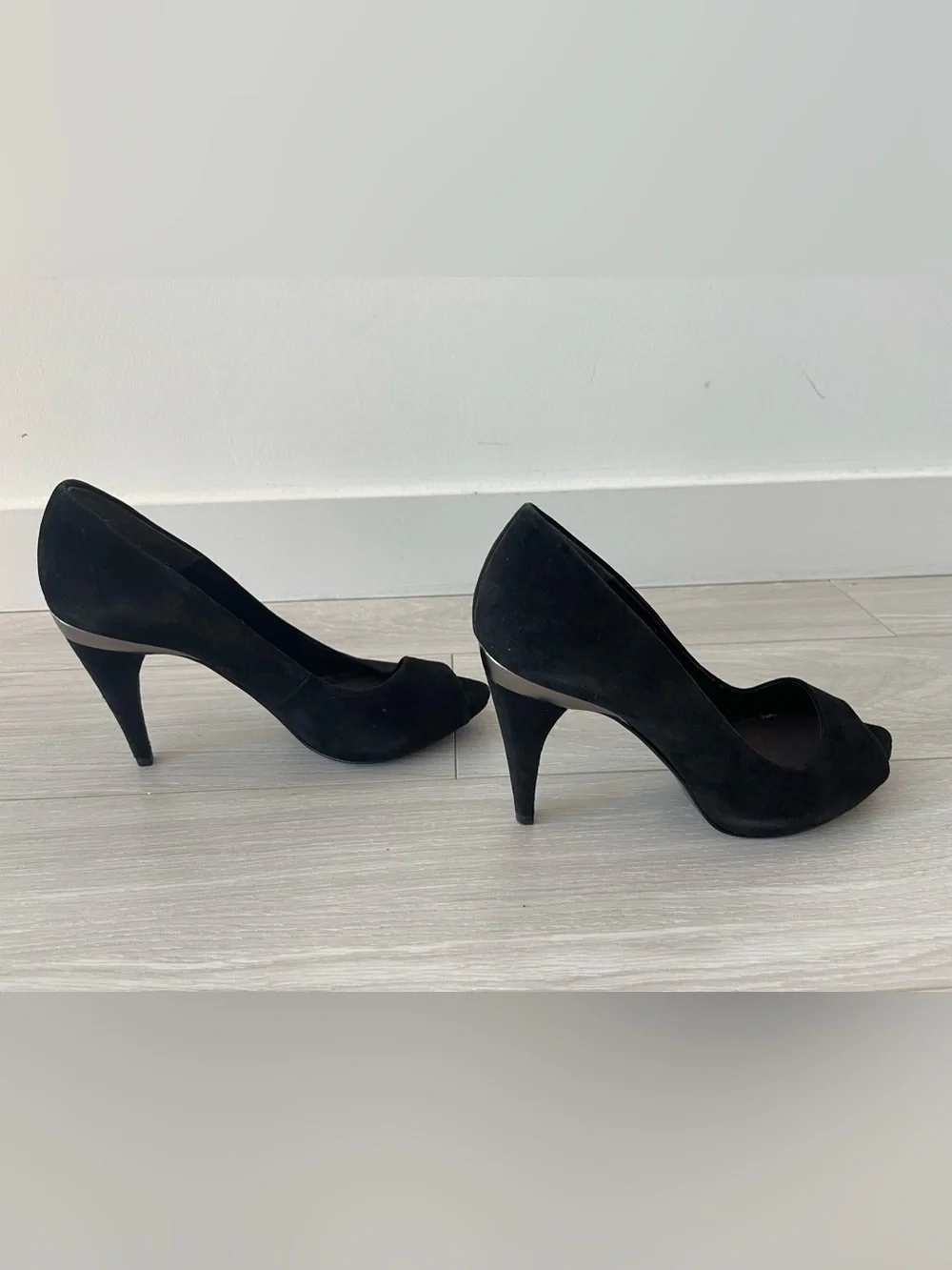 Zara Black Genuine Suede Peep-Toe Heels with Chrome Heel Band Size 40